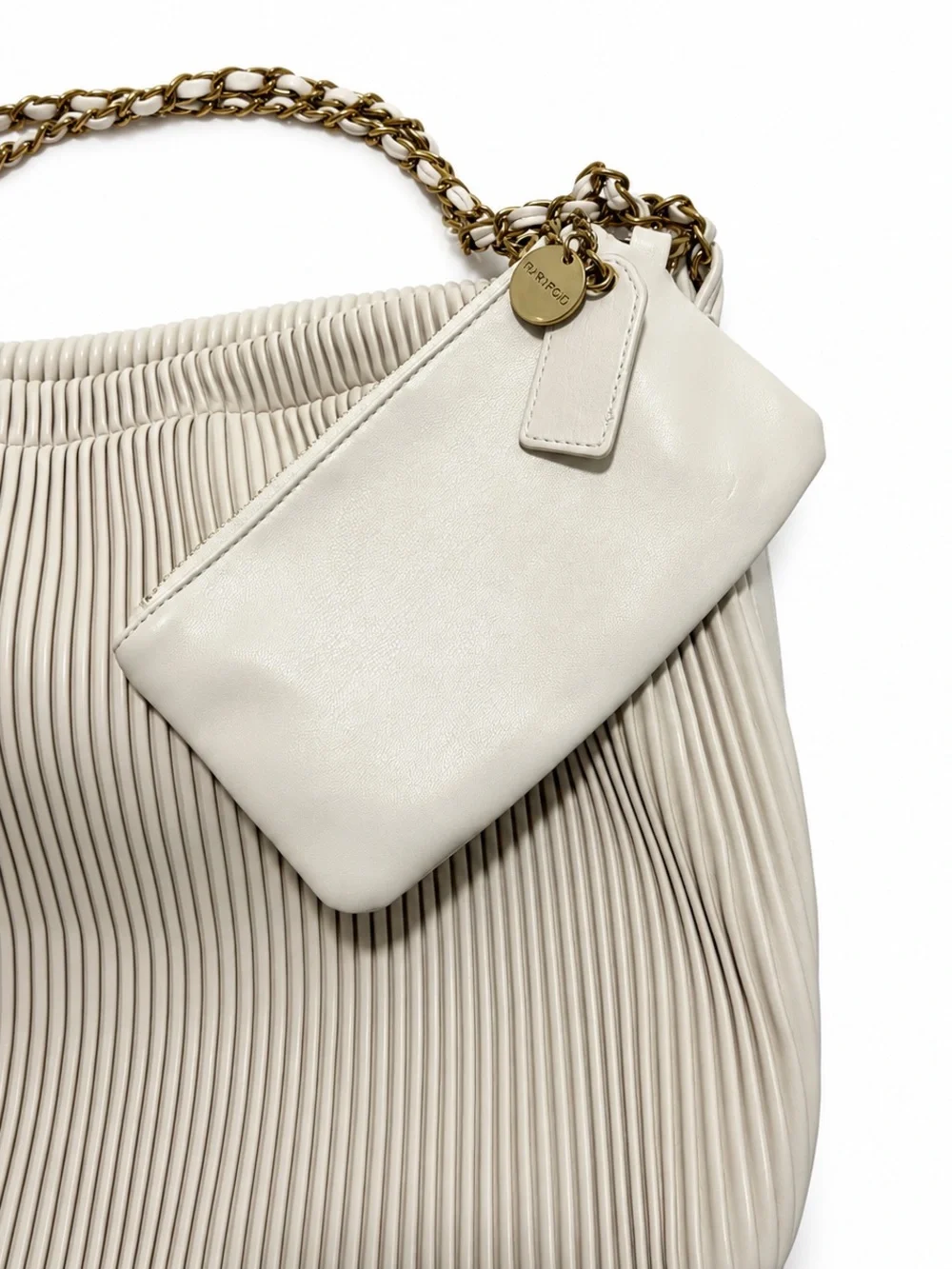 Pixie Mood Elegant Cream Pleated Shoulder Bag with Gold Chain
